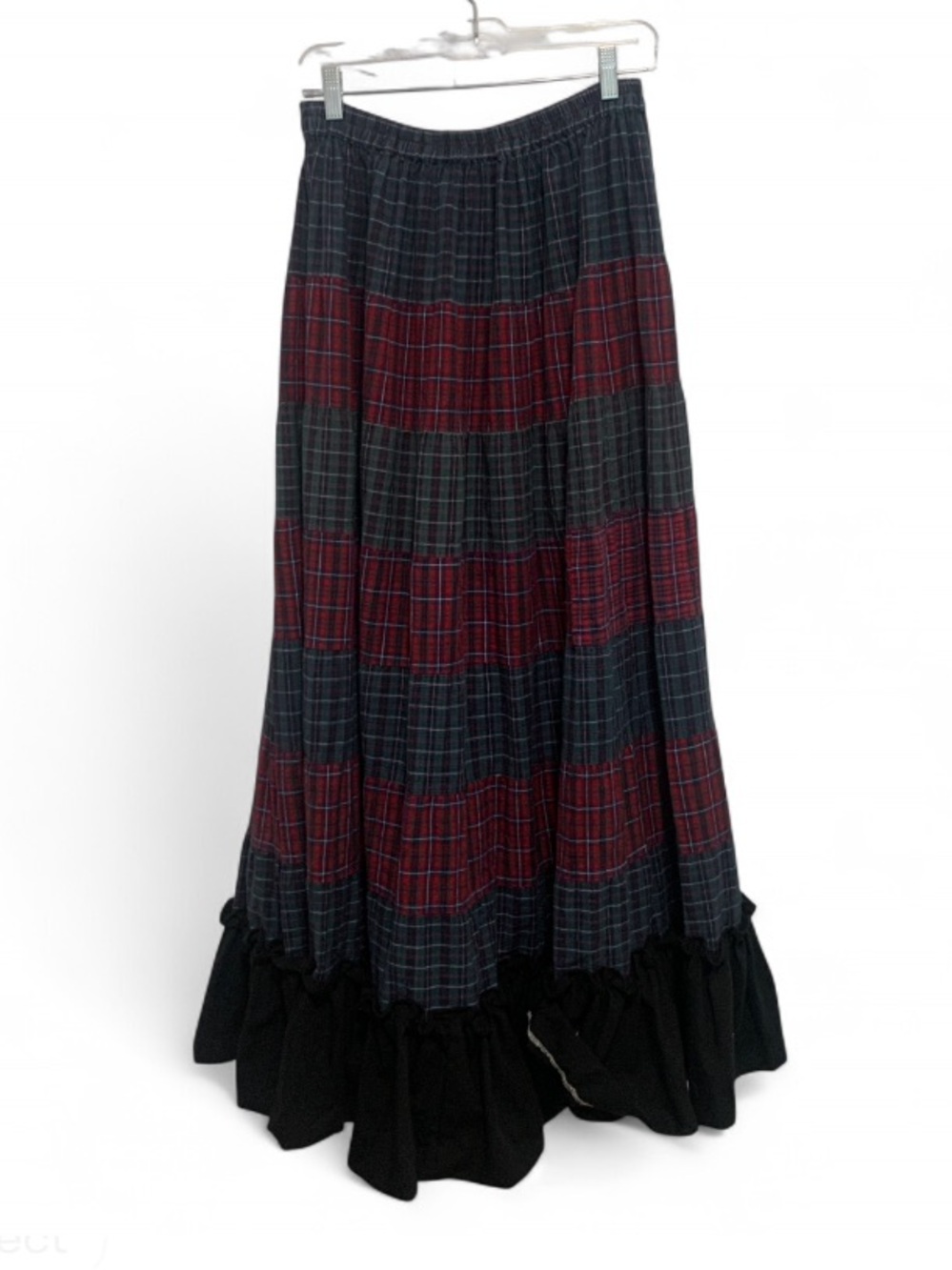 Vintage Patchwork Plaid Cottagecore Maxi Skirt with Ruffle Hem